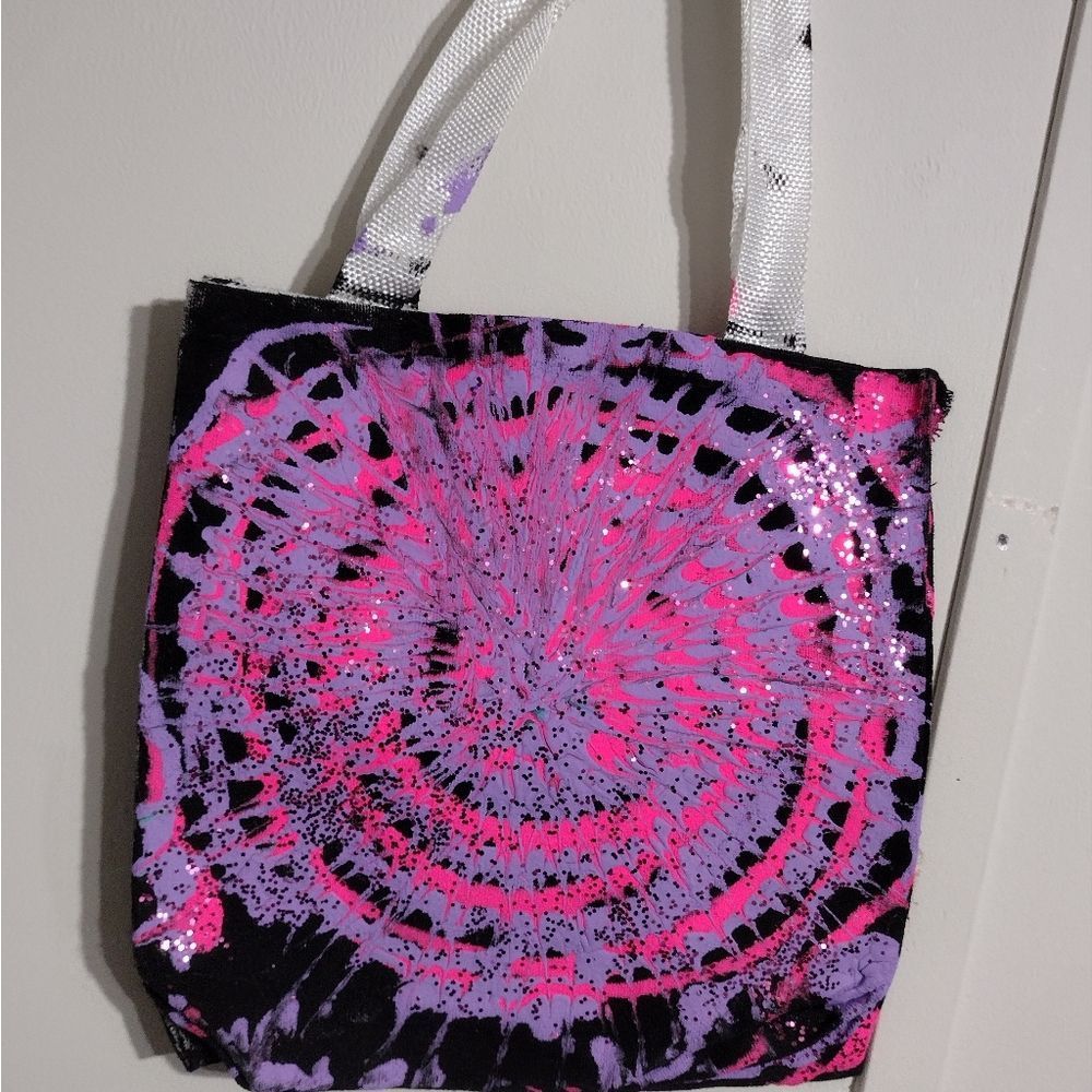 Mini tote bag pink purple swirl glitter paint acrylic handmade hand painted